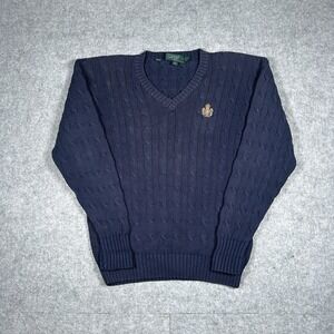Vtg Polo Ralph Lauren Cable Knit Sweater Men's Size Medium Navy Royal Crest 90s